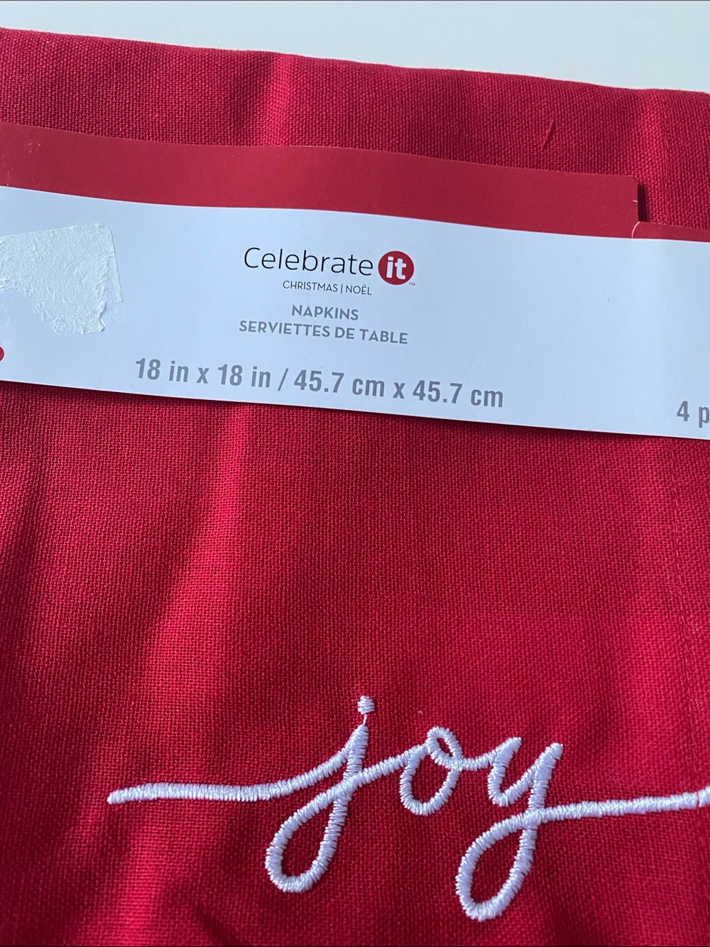 Christmas theme Celebrate It Red Embroidered "Joy" Holiday Napkins set of 4